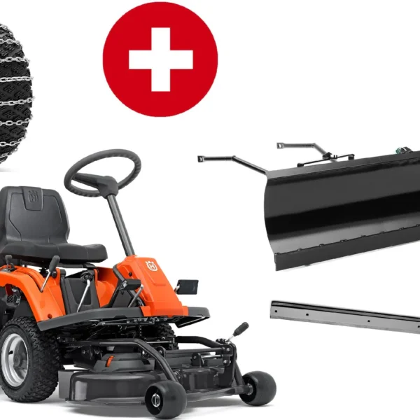 Husqvarna Frontmäher R 112C mit Mähdeck Combi 85 – Winterpaket mit Schneeschild, Gummileiste und Schneeketten – Modell 2023
