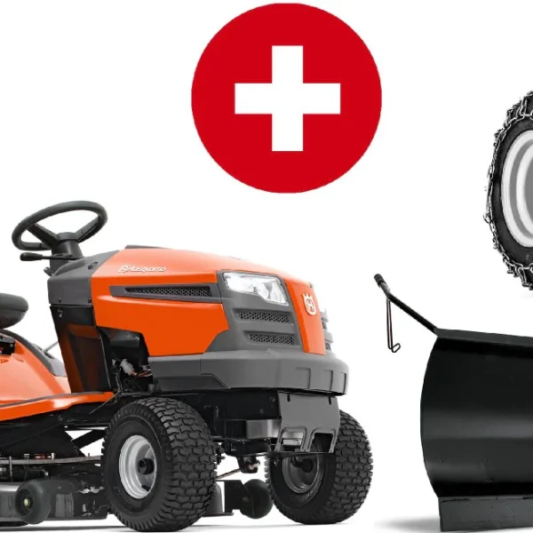 Husqvarna Rasentraktor TC 138L Winterpaket mit Schneeschild, Gummileiste, Gewicht und Schneeketten – Modell 2023